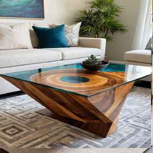 Table basse en résine époxy et bois massif avec pieds en métal, look moderne et finition brillante, disponible à prix de gros - Product Image 6
