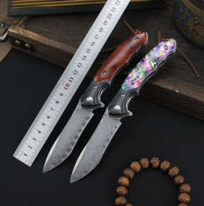 Couteau de poche pliant en acier Damas de qualité industrielle, personnalisable OEM, pour le camping et la chasse, avec étui en cuir et lame droite - Product Image 5