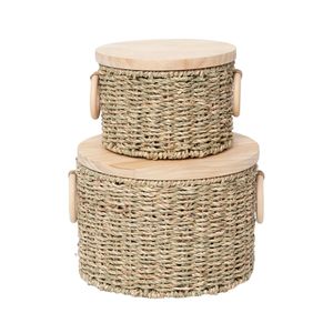 Handwoven Seagrass Storage Basket with Wooden Lid & Handles for Organization, Home, Closet, <b>Desktop</b> & <b>Shelves</b> - Product Image 2