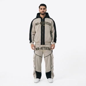 Custom Solid Winter 100% Cotton Drawstring Hoodie and Cargo <b>Sweatpants</b> <b>Set</b> Men Oversized Streetwear Tracksuit - Product Image 1