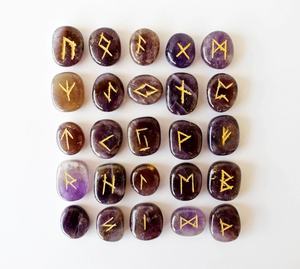 Juego de Runas Wiccanas de Amatista Natural, 13 Runas de Bruja con Piedra Preciosa de Ágata, Cristales Curativos de Reiki para Psicólogos y Brujería - Product Image 1