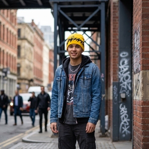 Yellow Black Knit Beanie Hat Ribbed Cuff <b>Winter</b> <b>Cap</b> Unisex Streetwear Fashion Headwear Custom Wholesale OEM - Product Image 2