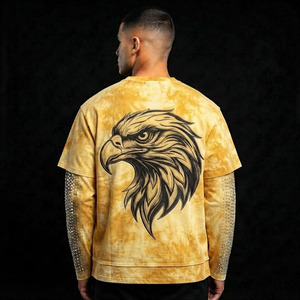 Camiseta Personalizada para Hombre, Oversize, Amarilla, Lavado Ácido, con Gráficos, 100% Algodón, Cuello en V, 2 en 1, con Pedrería, Manga Larga, Estilo Y2K, Streetwear - Product Image 4
