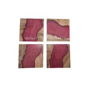 High Quality Handicrafts Classic Eco-Friendly Multi Color Mango Wood Epoxy Resin 4-Piece Coaster <b>Set</b> <b>Square</b> Mats Pads New - Product Image 1