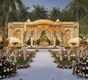 Mandap de mariage traditionnel de luxe, sculpté, style palais royal, structure de scène en PRV pour mariages indiens en destination - Product Image 1