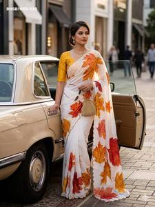 Magnifique Saree en Soie Tissée à Motif Feuilles Épaissies avec Broderie Perles et Bordures Découpées - Blouse en Soie Jaune pour Femme Tendance - Product Image 6