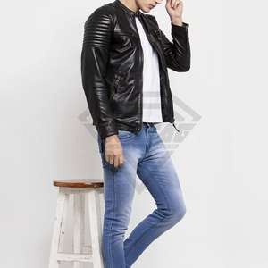 Veste en cuir véritable matelassée pour homme, style motard, coupe ajustée, en peau de mouton véritable, vêtement d'extérieur d'hiver, vente en gros personnalisée - Product Image 3