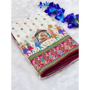 ผ้าซารีดาร์บารีสีขาวบริสุทธิ์จาก Elite Weaves ผ้าไหมวิสโคสพิมพ์ลายแบบดั้งเดิม เสื้อผ้าอินเดียและปากีสถาน - Product Image 1