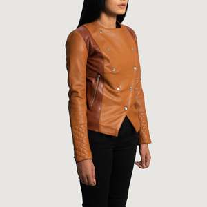 Chaqueta de Cuero de Piel de Oveja Genuina de la Mejor Calidad, Diseño en Bloques de Color Bronceado, Abrigo de Invierno para Mujer, Transpirable, Hecho con Cuero de Alta Calidad - Product Image 6