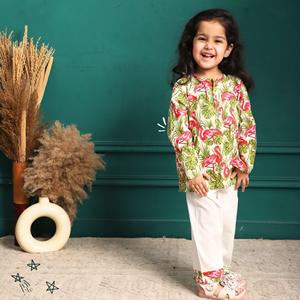 Polka Tots Swan imprimé Ouvert sur le devant Manches longues Vêtements de nuit Ensemble pyjama Kurta-Rose - Product Image 4