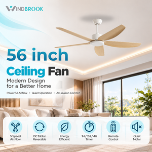 Ventilador de techo WINDBROOK de 56 pulgadas con luz, motor de CC, control remoto, 5 velocidades, reversible y silencioso - Product Image 1