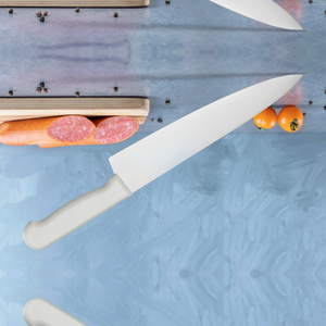 White Contoured Handle Chef <b>Kitchen</b> <b>Knives</b> with Silver Pointed Blades and Plain Edge for Meat Slicing Vegetable Chopping Prep - Product Image 3