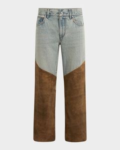Pantalon en jean taille haute à jambe droite avec empiècements en daim marron, longueur intégrale, décontracté pour femme - Product Image 3
