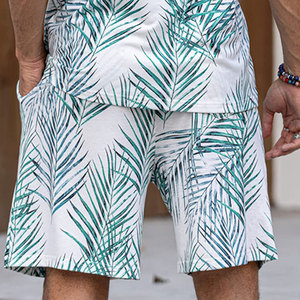 Ensemble chemise et short pour homme, imprimé palmiers tropicaux, tenue décontractée d'été, short en coton tricoté respirant, t-shirt assorti, taille XL - Product Image 3