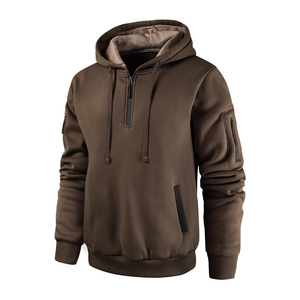 Sweat-shirt à capuche mi-zippé marron pour homme, coupe classique, couleur unie, pull décontracté avec poches, en coton tricoté, idéal pour l'automne - Product Image 1