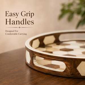 handmade Handcrafted Bone Inlay <b>Round</b> Decorative Display Tray with Premium Artisan Mosaic Work for Living Room Bedroom & <b>Console</b> - Product Image 1