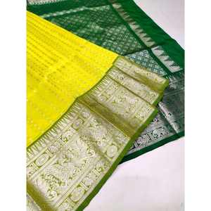 TRENDING LICHI SEDA JACQUARD TRABAJO SAREE CON BLUSA DESCOSADA AMARILLO - Product Image 1