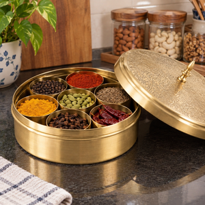 Brass High Quality Masala Dabba Spice Box with Hammered Design Lid Eco-Friendly Dishwasher Safe <b>Oven</b> Safe Seven Compartments - Product Image 3