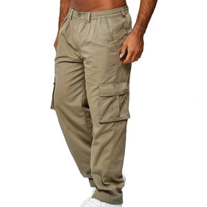 Pantalones Cargo de Color Sólido para Hombre, Pantalones Cargo de Cintura Media Recta con Múltiples Bolsillos y Cintura Elástica con Cordones en los Tobillos - Product Image 1