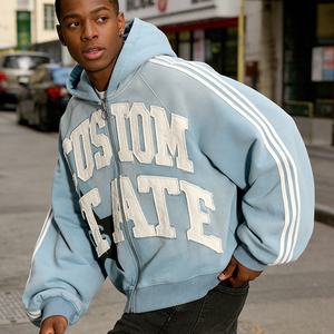 Applique Embroidery OEM Custom Print Oversized Vintage Blue Streetwear Zipper-up Heavyweight 400 GSM Men's Hoodie - Product Image 1