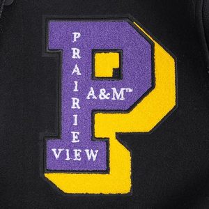 Chaqueta Universitaria Negra de los Prairie View A&M Panthers con Ribete Morado y Amarillo, Logotipo Bordado, Cuello Redondo, Ropa Deportiva de Invierno para Adultos - Product Image 6