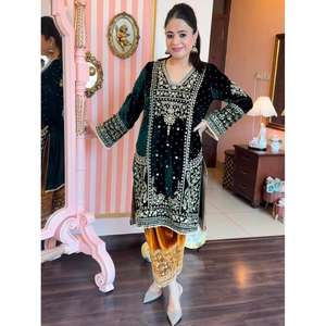 MODE VELOURS BRODERIE SÉQUENCE TRAVAIL TOP PALAZZO AVEC DUPATTA VERT - Product Image 1