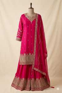 Conjunto de traje Sharara clásico en línea A de georgette rosa fucsia con bordado 100% seda, largo hasta el suelo, para mujeres embarazadas - Product Image 2