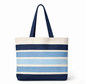 Custom <b>Large</b> Canvas Tote <b>Bag</b> Striped Blue White Shoulder Handle Reusable beach tote <b>Bag</b> Daily Use - Product Image 1