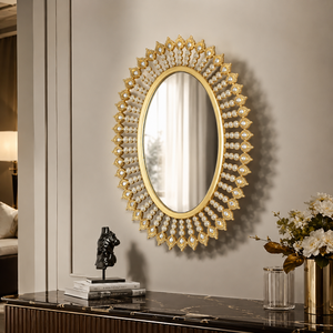 Luxury <b>Gold</b> Pearl Oval Wall <b>Mirror</b> Decorative Sunburst Frame <b>Mirror</b> for Living Room Bedroom Vanity Home Decor Accessories - Product Image 3