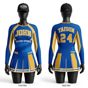 Uniforme de Porristas para Mujer, Premium, 220 GSM, Poliéster Elástico con Spandex, Paneles Azules y Dorados, Diseño de Logotipo Personalizado - Product Image 1