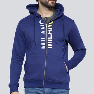 Unisex Navy Blue <b>Hooded</b> Zip-Up Sweatshirt Regular Fit Cotton <b>Fleece</b> Casual Winter Digital Printing Front Pocket - Product Image 3