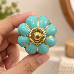 SHUBHAM Turquoise <b>Ceramic</b> Flower Cabinet <b>Knob</b> with Gold Accents Decorative <b>Drawer</b> Dresser Wardrobe Furniture Handle - Product Image 2