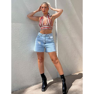Women's <b>Stretch</b> <b>Denim</b> Shorts High Waist Raw Hem Long Cutoff Mom Fit Summer Jorts Made in Bangladesh Factory - Product Image 3