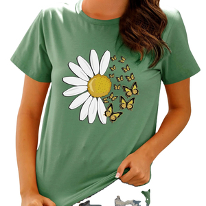 T-shirt en tricot à fleurs vert pour femme, manches courtes, col rond, 100% coton jersey, décontracté, confortable, coupe classique, printemps été - Product Image 2