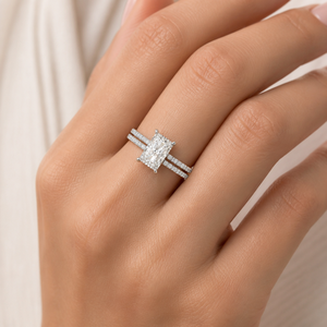 <b>Emerald</b> Cut Lab Grown Solitaire <b>Ring</b> 14KT Solid White Gold Double <b>Band</b> Pave Setting E VVS IGI Certified Custom Bridal Engagement - Product Image 3