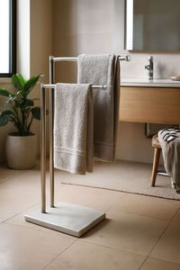 Minimal Black Metal Dual Height <b>Towel</b> Rack Freestanding <b>Holder</b> Bathroom Organizer Space Saving Durable Modern Structure - Product Image 3