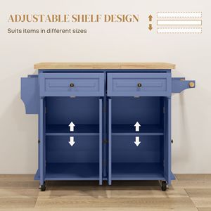 Carrello da Cucina Moderno Blu Navy su Ruote con Piano in Rovere e Legno di Gomma, Porta Spezie, Portasciugamani, Cassetti, Design Portatile - Product Image 5