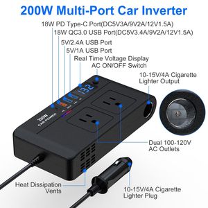 Inverter per Auto 200W 12V, Convertitore di Potenza DC12V AC110V, 2 Prese AC110V, 1 Porta Type-C, 3 Porte USB con Ricarica Rapida e Protezione dal Surriscaldamento - Product Image 2