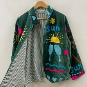 Winter Jacket Velvet Suzani Cropped Bohemian <b>Coat</b> with Floral Embroidery for Festivals or Casual Wear Gift for Her - Product Image 2