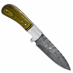 Cuchillo de Caza con Hoja Negra Gris y Patrón Damasco, Mango Verde Oliva, Guarda de Plata y Empuñadura Remachada para Uso en Exteriores - Product Image 3