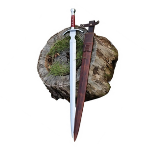 Épée médiévale à lame droite et pointe de lance, avec poignée en cuir rouge et fourreau marron, à prix avantageux - Product Image 1