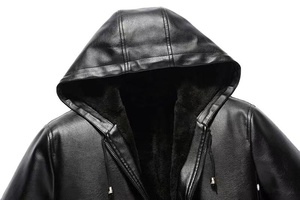 Chaqueta de Cuero Sintético con Capucha para Hombre, Forro de Piel Sintética, Cierre de Cremallera, Resistente al Viento, Abrigo Casual de Invierno - Product Image 4
