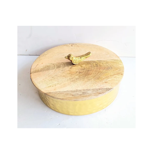 Premium Wooden Roti Box With <b>Tong</b> for <b>Serving</b> Wooden Casserole 22cm Round brass brid design Chapati Box With wood Lid - Product Image 1