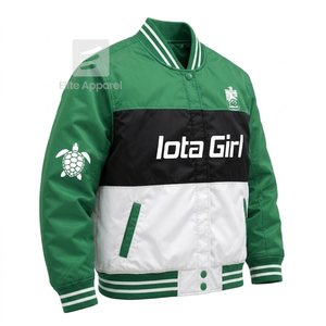 เสื้อแจ็คเก็ตแข่งรถแบบสั่งทำพิเศษของชมรมอิโอตา ฟิ แลมบ์ดา ปักโลโก้สีเขียวและสีขาว สไตล์แข่งรถสำหรับผู้หญิง พร้อมซับในโพลีเอสเตอร์ - Product Image 2