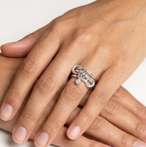 14K Solid Gold Interconnected Ring with Lab Grown Diamond Dangle <b>Three</b> Gold Link Band Link Connector Ring Stackable Charm Band - Product Image 5