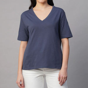 Women V-Neck T-Shirt Solid Color 100% Cotton Casual Knitted Breathable Regular Fit Short Sleeve All Seasons - Product Image 3