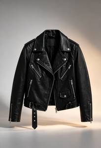 Chaqueta de Motociclista de Cuero Genuino para Hombre, Cuello Camisero, Cierre de Cremallera, Corte Regular, para Otoño - Product Image 2