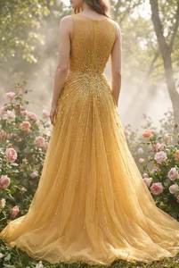 Vestido de Noche Amarillo de Sirena con Adornos Hechos a Mano, Cuello en V Profundo, Manga Larga, Vestido Formal, Fabricante, Venta al Por Mayor - Product Image 5