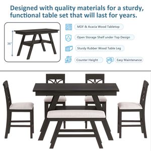 Tavolo da pranzo in legno stile rustico in 6 pezzi con ripiano con ripiano di stoccaggio comprende 4 sedie e panca per uso cucina - Product Image 4