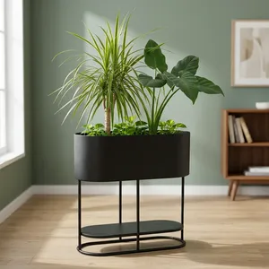 Jardinière ovale moderne en métal noir avec support et étagère de rangement, porte-plantes contemporain pour intérieur, décoration de luxe pour la maison et le bureau - Product Image 6